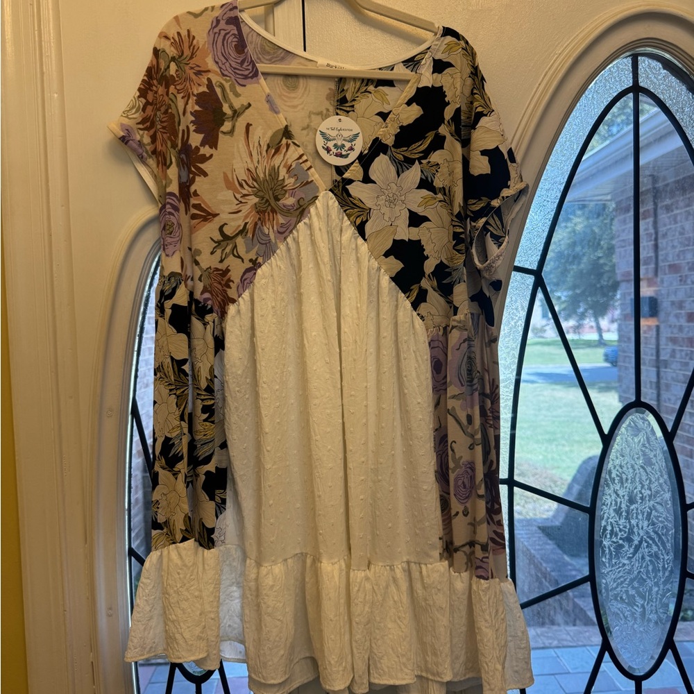 BUCKETLIST Floral Patchwork Dress in Cream and Purple